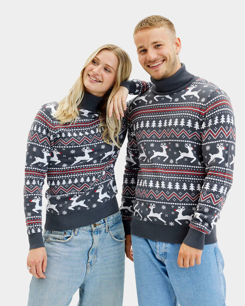 Maglione Natalizio da Donna Uomo in Cotone Biologico a Collo Alto Grigio con Renne