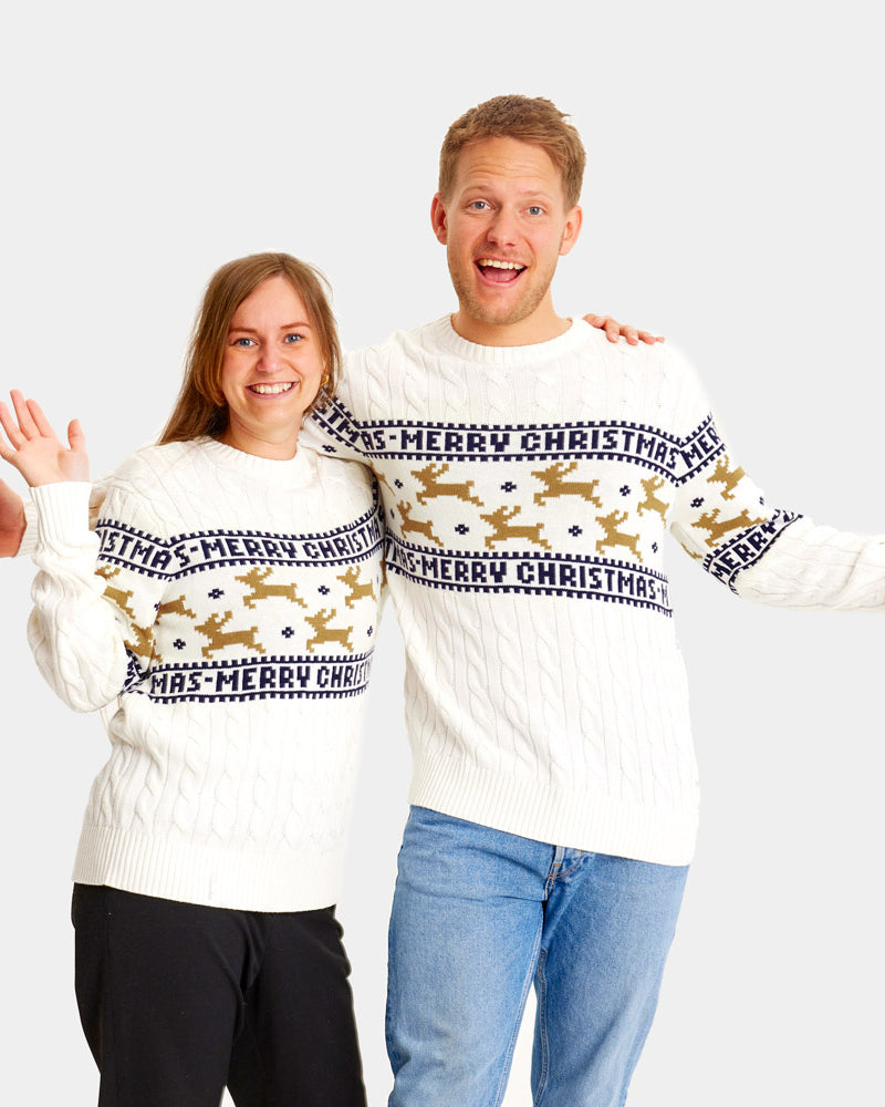 Maglione Natalizio da Donna Uomo in Cotone Biologico Elegante Bianco con Renne