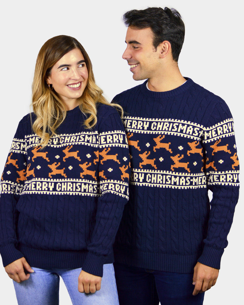 Maglione Natalizio da Donna Uomo  Cotone Biologico Elegante Blu con Renne
