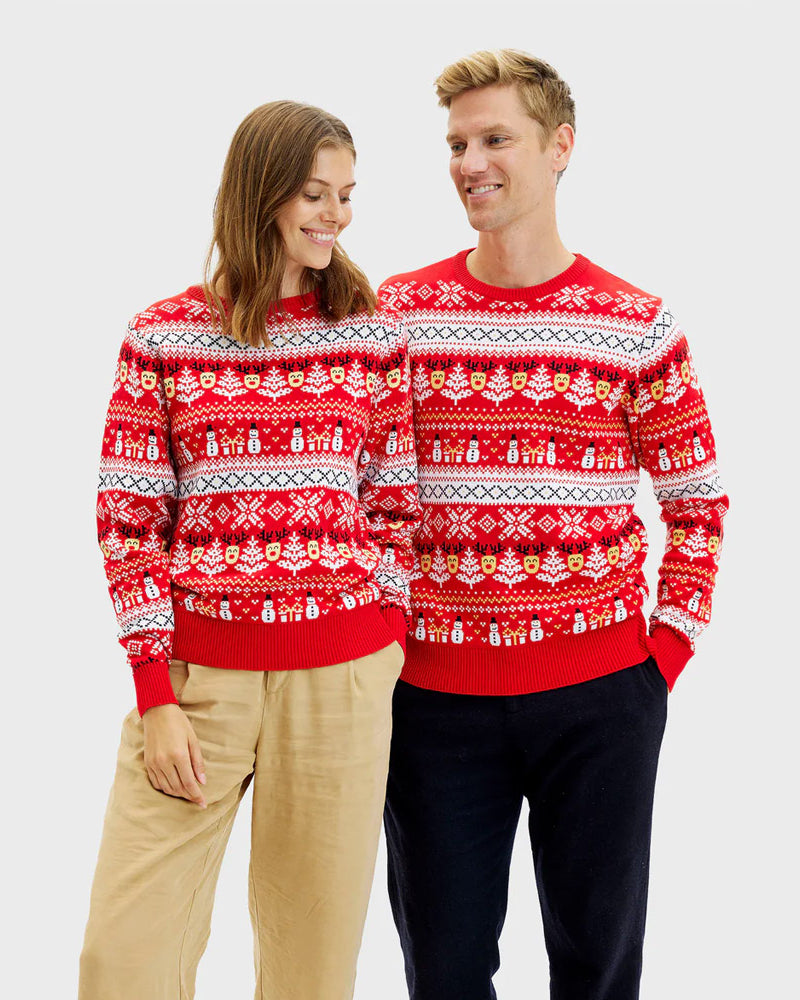 Maglione Natalizio da Donna Uomo Cotone Biologico Rosso Pupazzi di Neve Motivi Natalizi