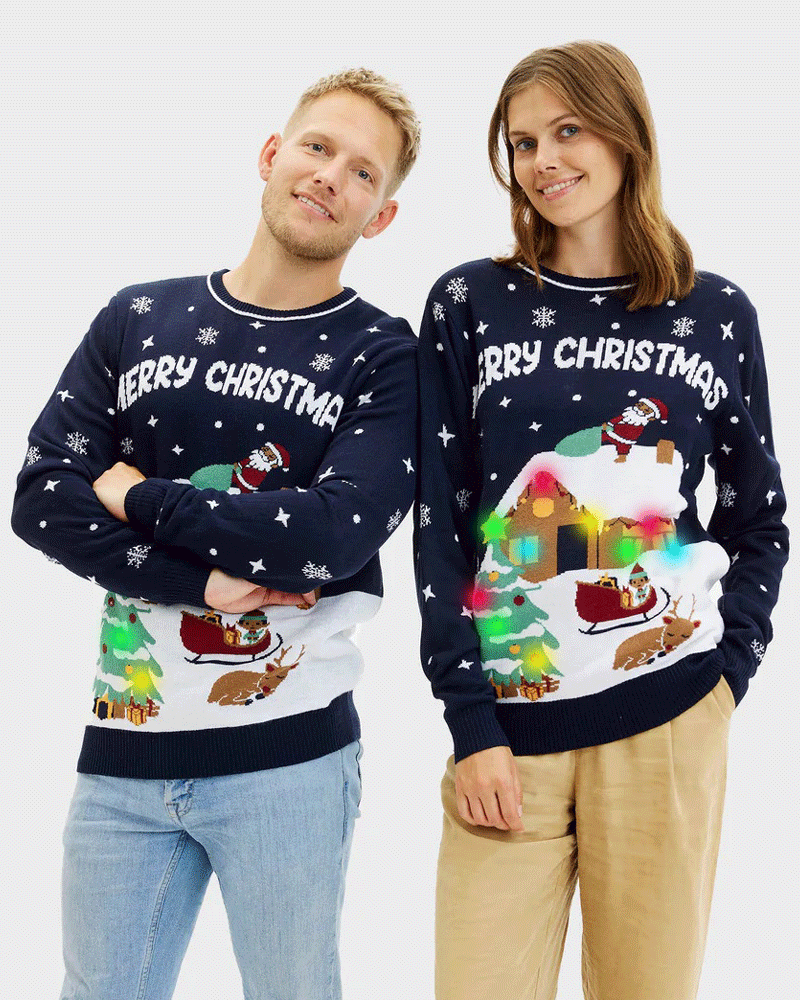 Maglione Natalizio da Donna con Luci LED Blu Merry Christmas Uomo