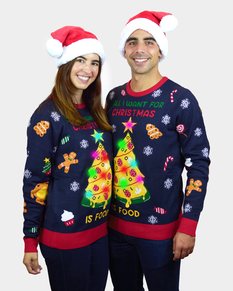 Maglione Natalizio da Donna e Uomo con Luci LED Cibo Natalizio