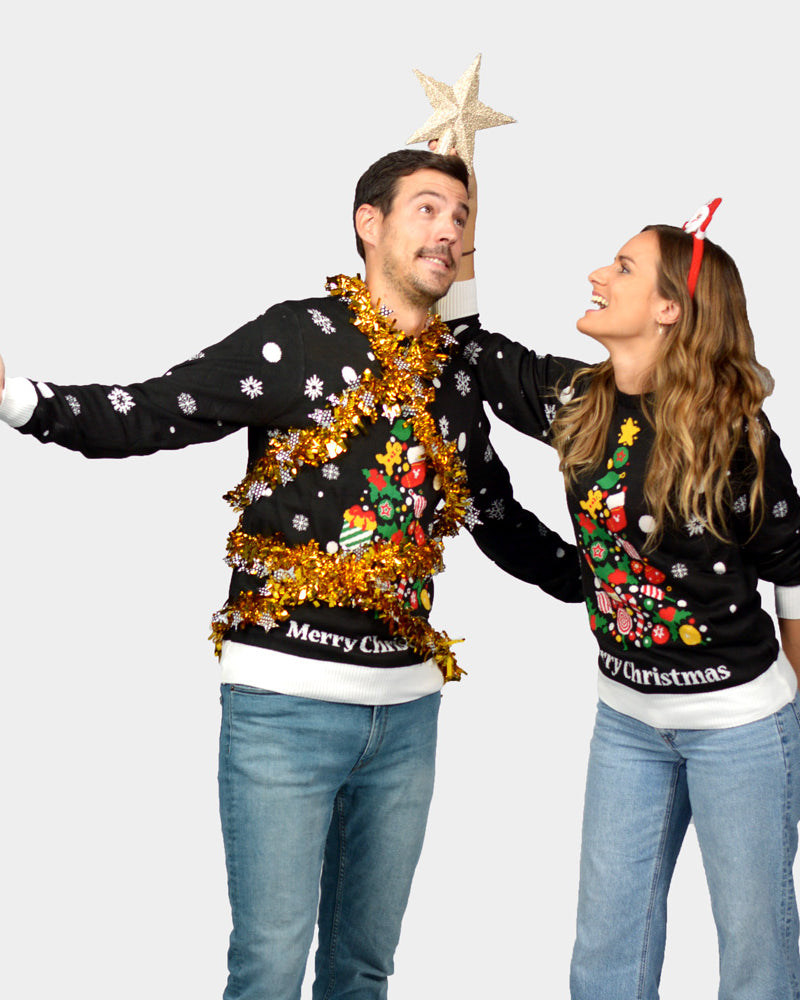 Maglione Natalizio da Donna e Uomo Nero con Albero Natalizio