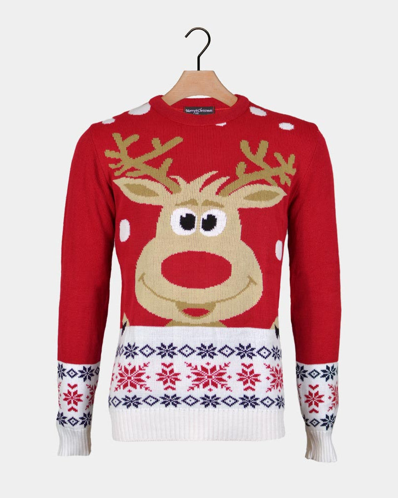 Maglione Natalizio da Donna Uomo Rosso con Renna e Neve