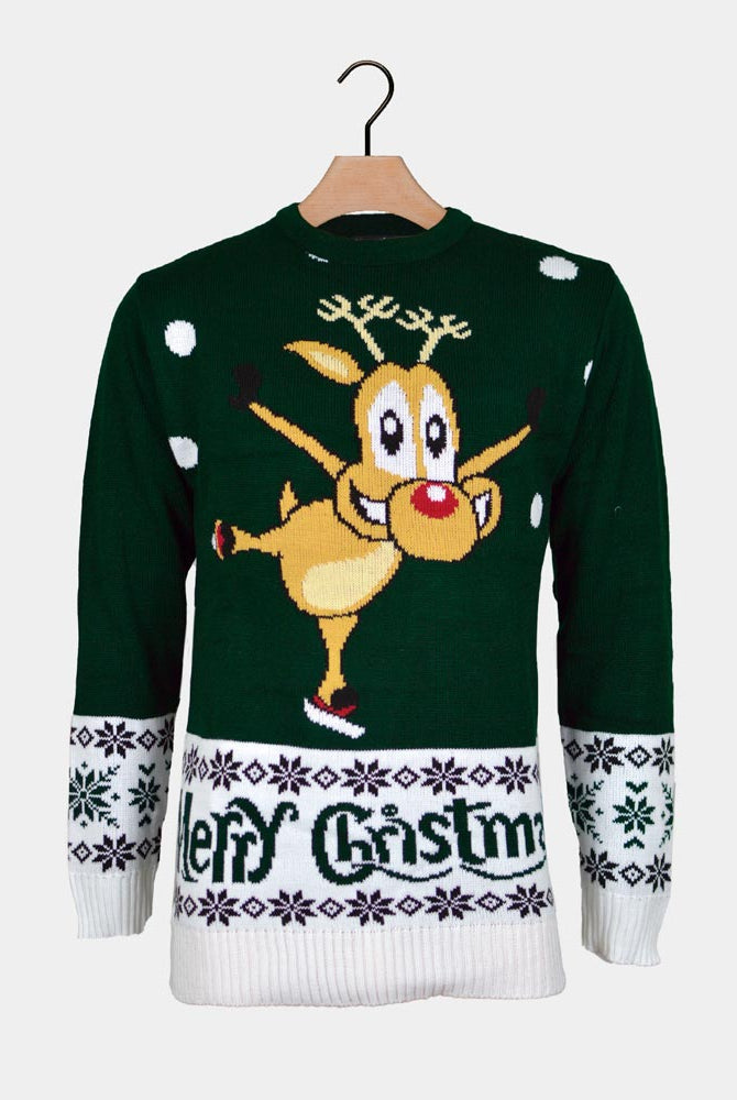 Maglione Natalizio da Donna e Uomo Verde con Renna che Pattina