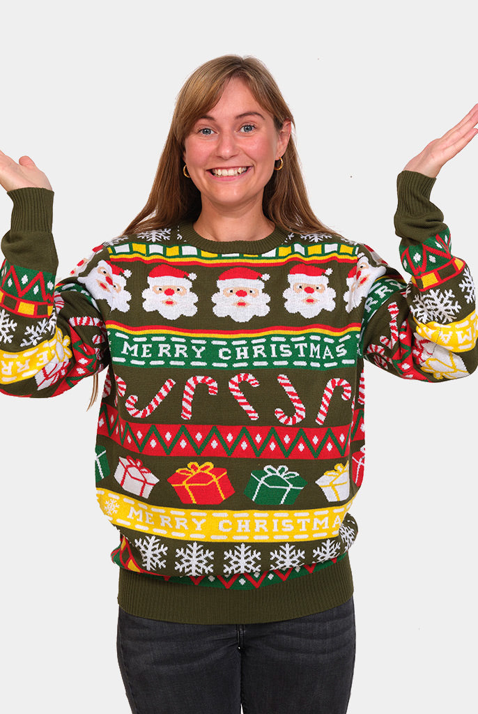 Maglione Natalizio Donna Verde con Babbo Natale e Regali