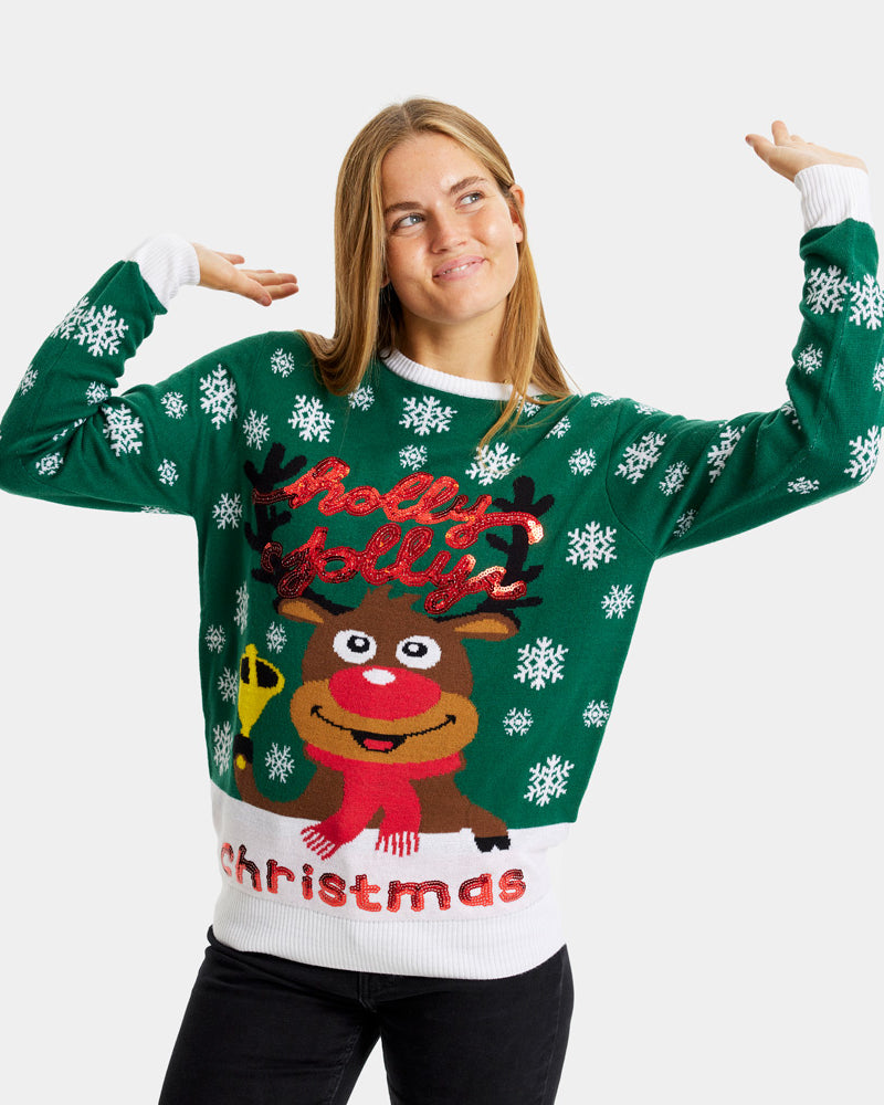 Maglione Natalizio da Donna Verde Holly Jolly con Paillettes