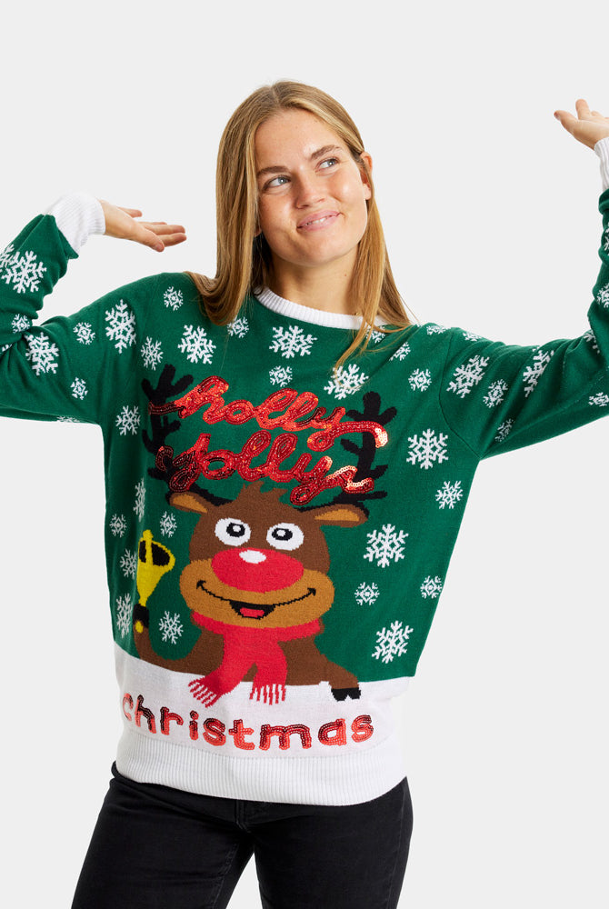 Maglione Natalizio da Donna Verde Holly Jolly con Paillettes