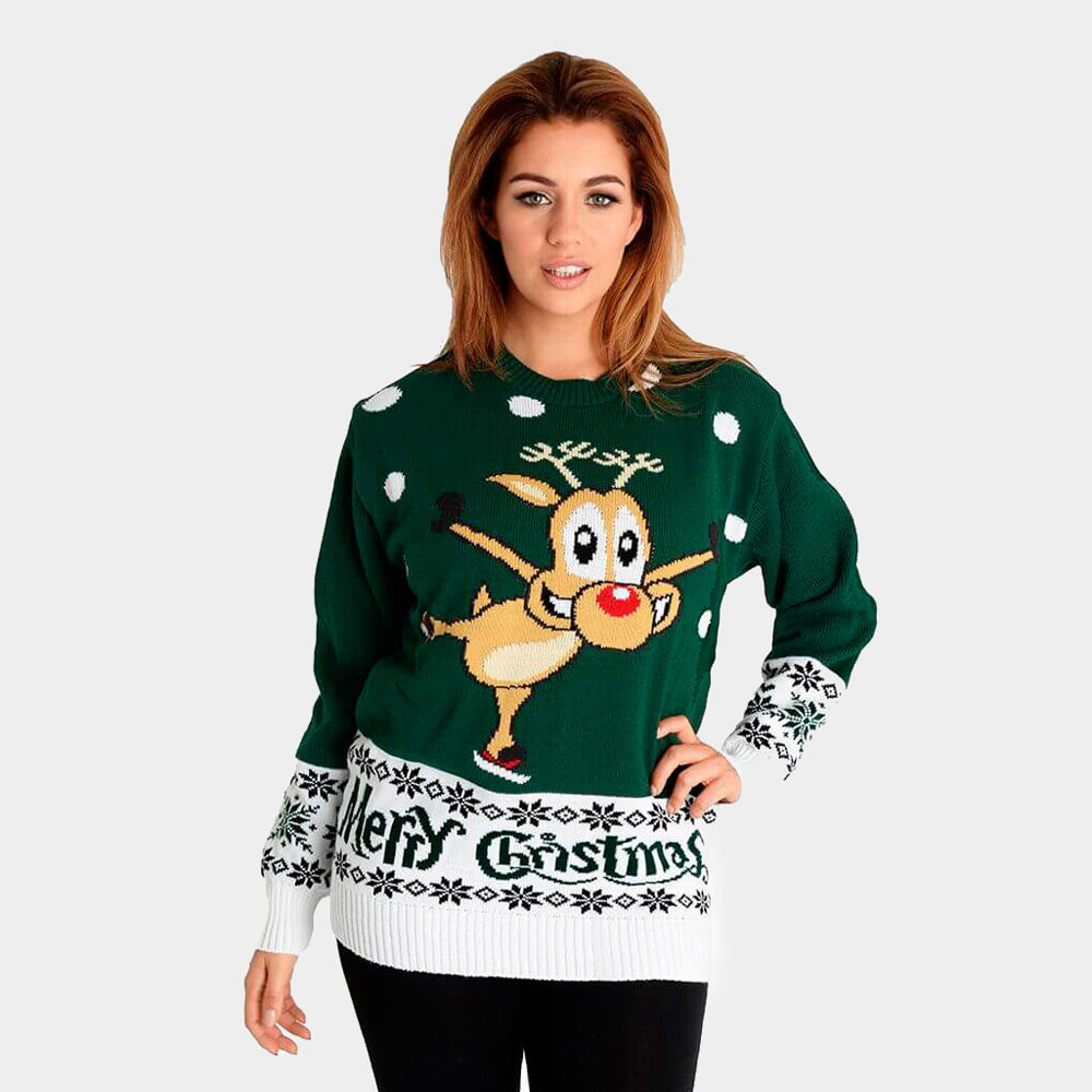 Maglione Natalizio Donna Verde con Renna che Pattina