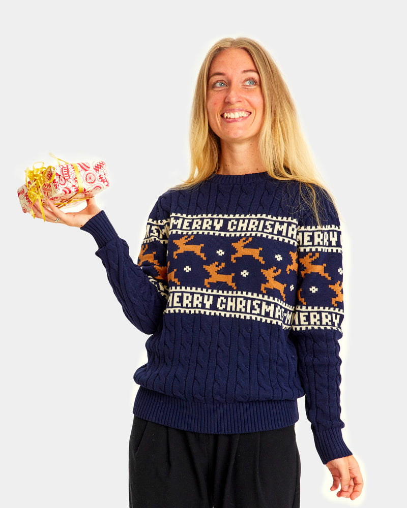 Maglione Natalizio Donna Elegante Blu con Renne