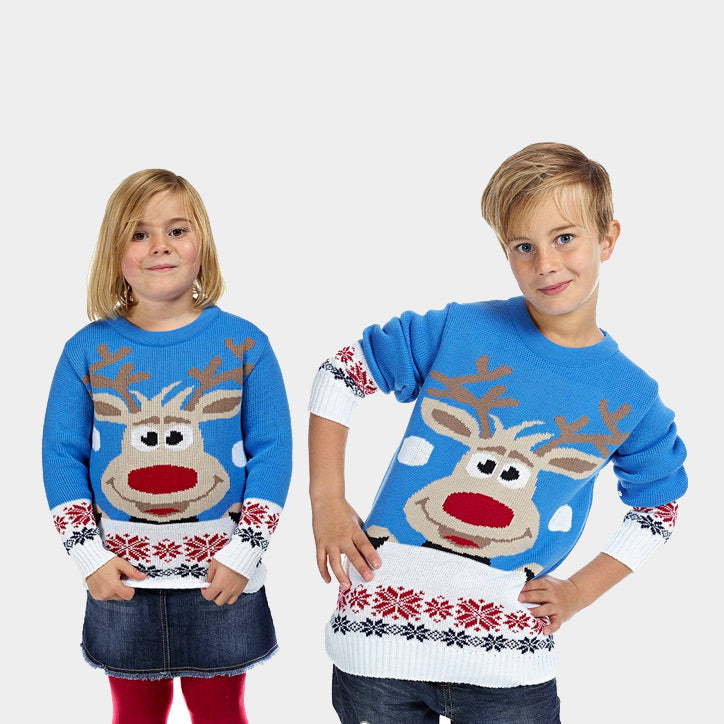 Maglione Natalizio Famiglia Azzurro con Renna e Neve Bambini