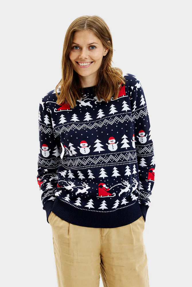 Maglione Natalizio Famiglia Donna con Alberi, Pupazzi di Neve e Babbo Natale
