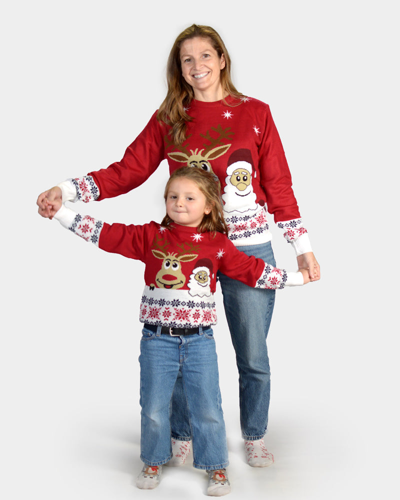 Maglione Natalizio per la Famiglia Babbo Natale e Renna Rudolph Sorridentes