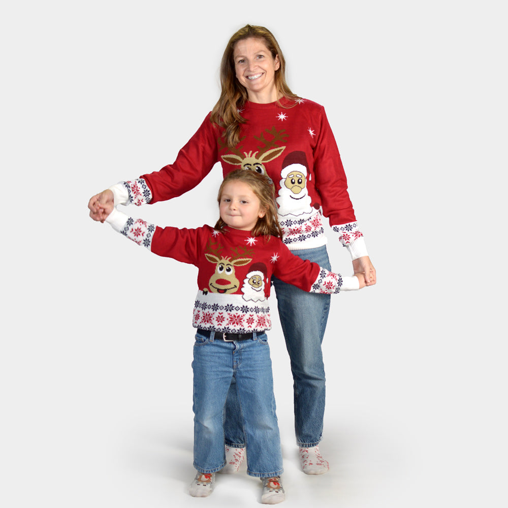 Maglione Natalizio per la Famiglia Babbo Natale e Renna Rudolph Sorridentes