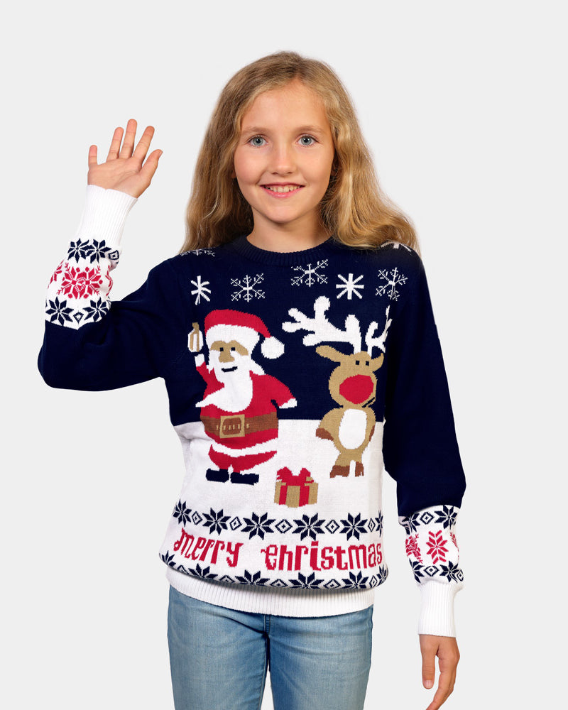 Maglione Natalizio per la Famiglia Bambini Cotone Biologico Blu Babbo Natale Renna Rudolp