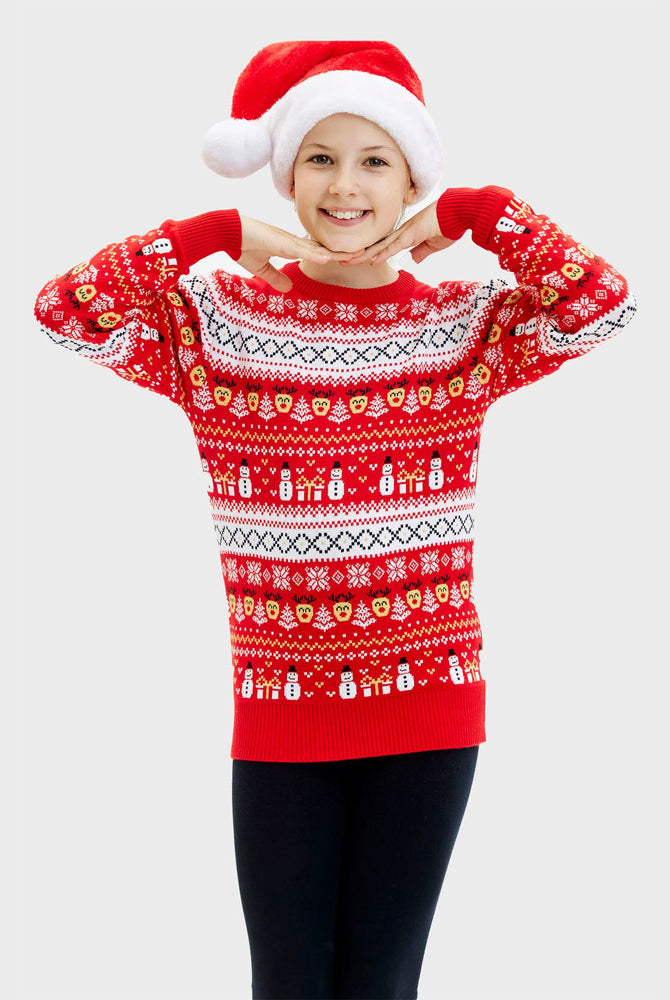 Maglione Natalizio per la Famiglia Bambini Cotone Biologico Rosso Pupazzi di Neve Motivi Natalizi