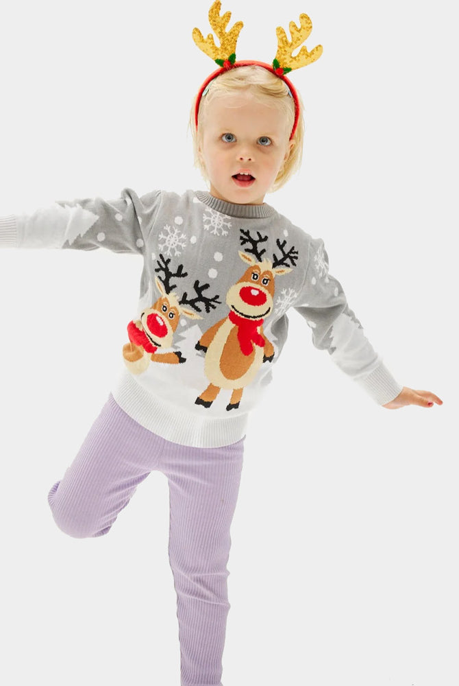 Maglione Natalizio Bambini Famiglia Grigio con Renne Carine