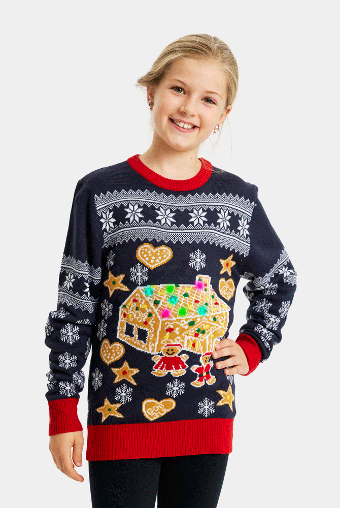 Maglione Natalizio Famiglia e Bambini con Luci LED Casa di Pan di Zenzero