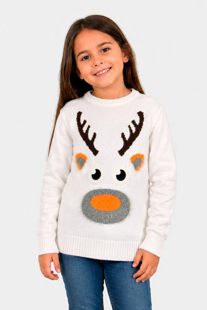 Maglione Natalizio Famiglia Bianco con Renna 3D Bambina