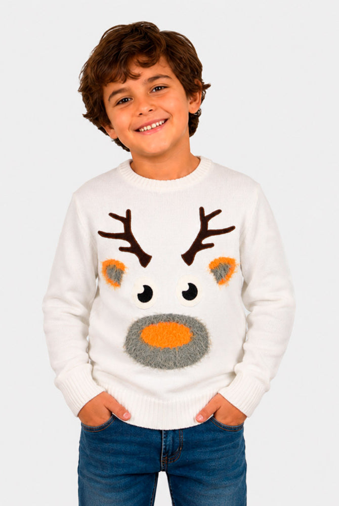 Maglione Natalizio Famiglia Bianco con Renna 3D Bambino