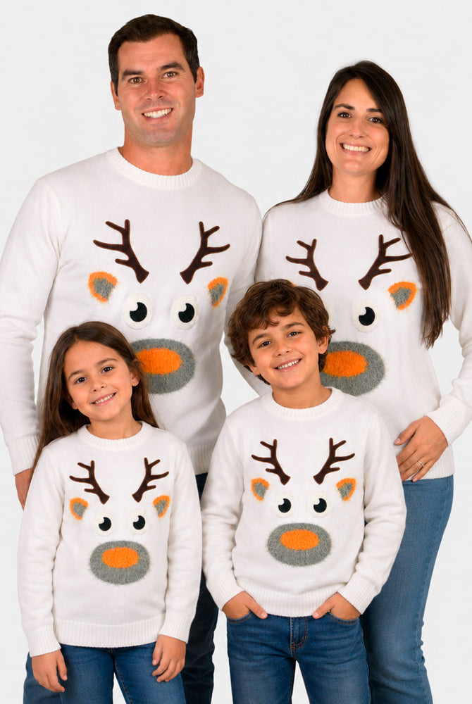 Maglione Natalizio Famiglia Bianco con Renna 3D