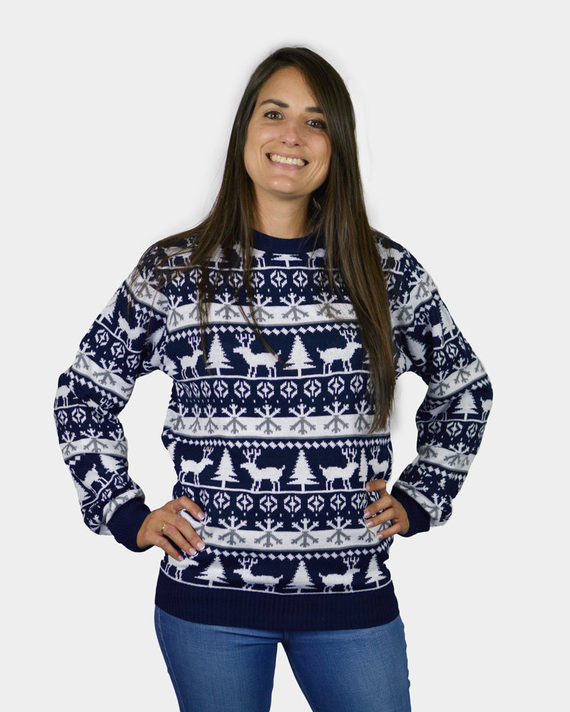 Maglione Natalizio per la Famiglia Blu Alberi di Natale e Renne Donna