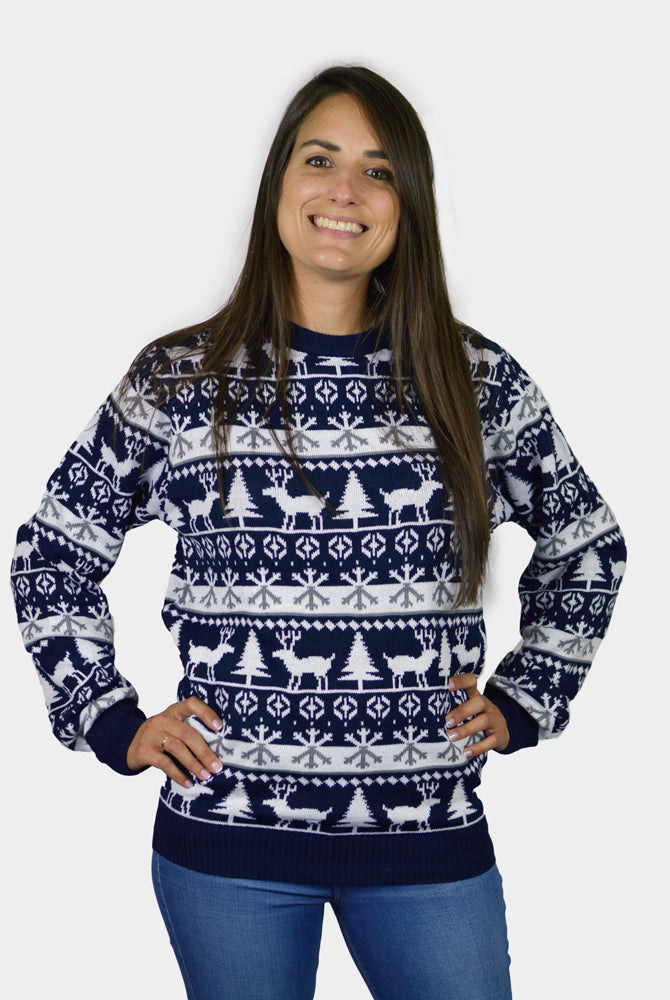 Maglione Natalizio per la Famiglia Blu Alberi di Natale e Renne Donna