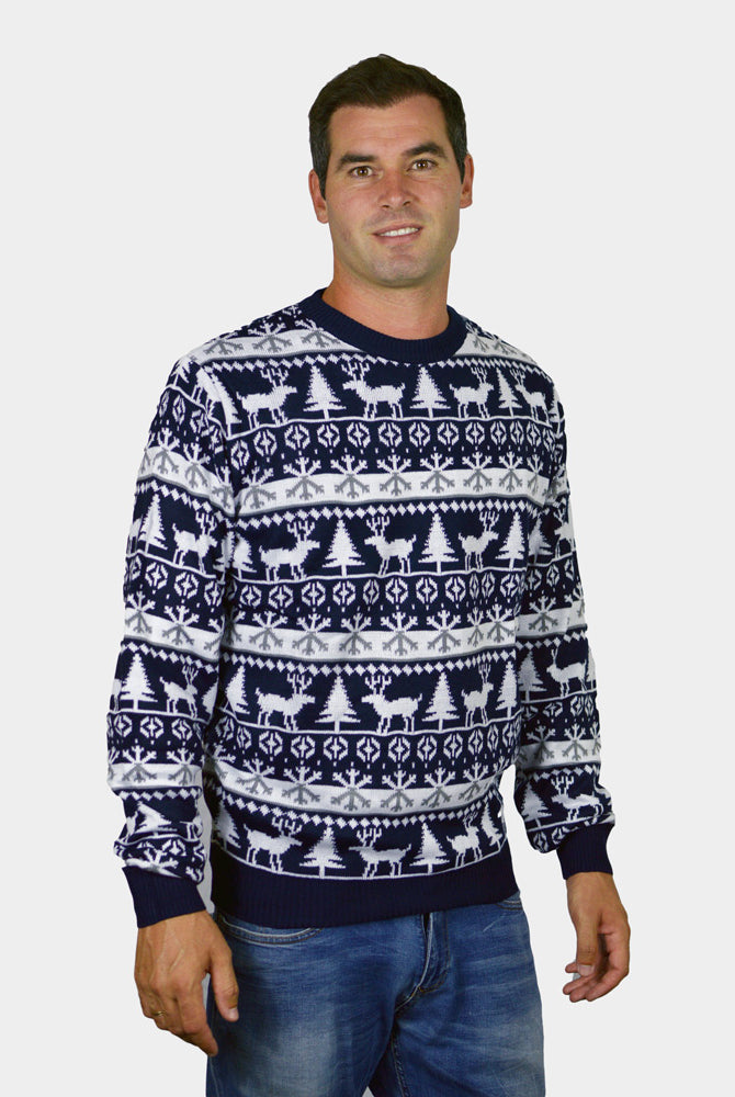 Maglione Natalizio per la Famiglia Blu Alberi di Natale e Renne uomo