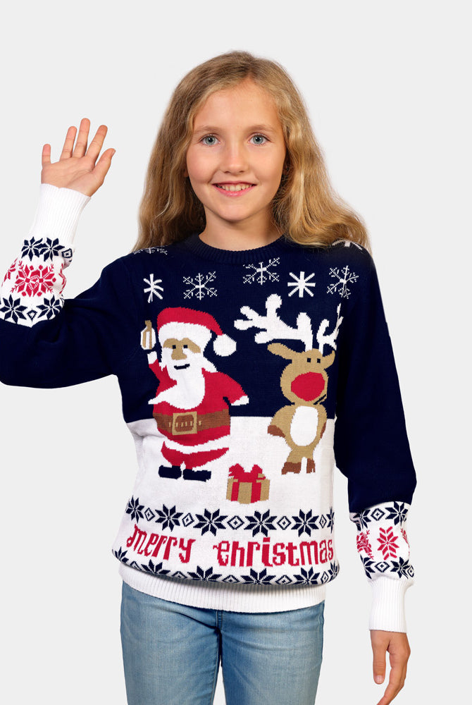 Maglione Natalizio Famiglia Bambini Blu con Babbo Natale e Renna Rudolph