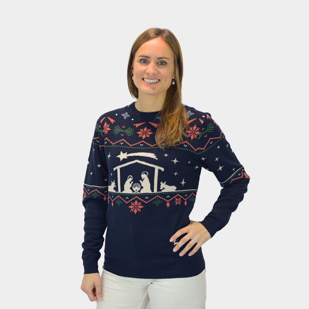Maglione Natalizio per la Famiglia Blu Nativity Donna