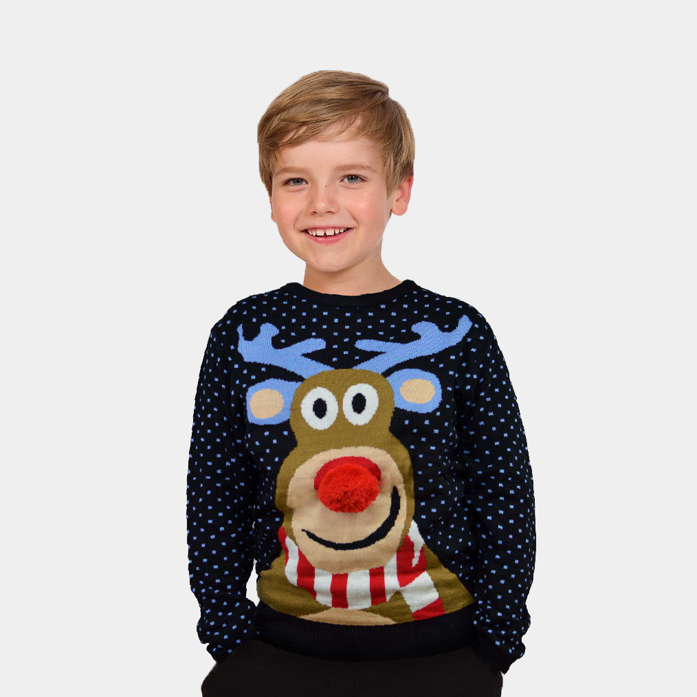 Maglione Natalizio per la Famiglia Blu Renna Rudolph con Naso Rosso in 3D bambini