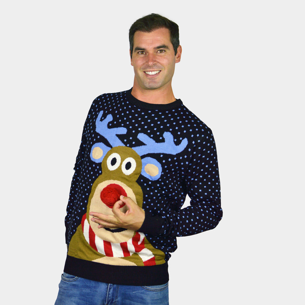 Maglione Natalizio per la Famiglia Blu Renna Rudolph con Naso Rosso in 3D uomo