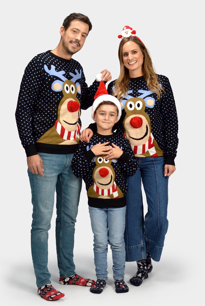 Maglione Natalizio Famiglia Blu Renna Rudolph Naso Rosso 3D