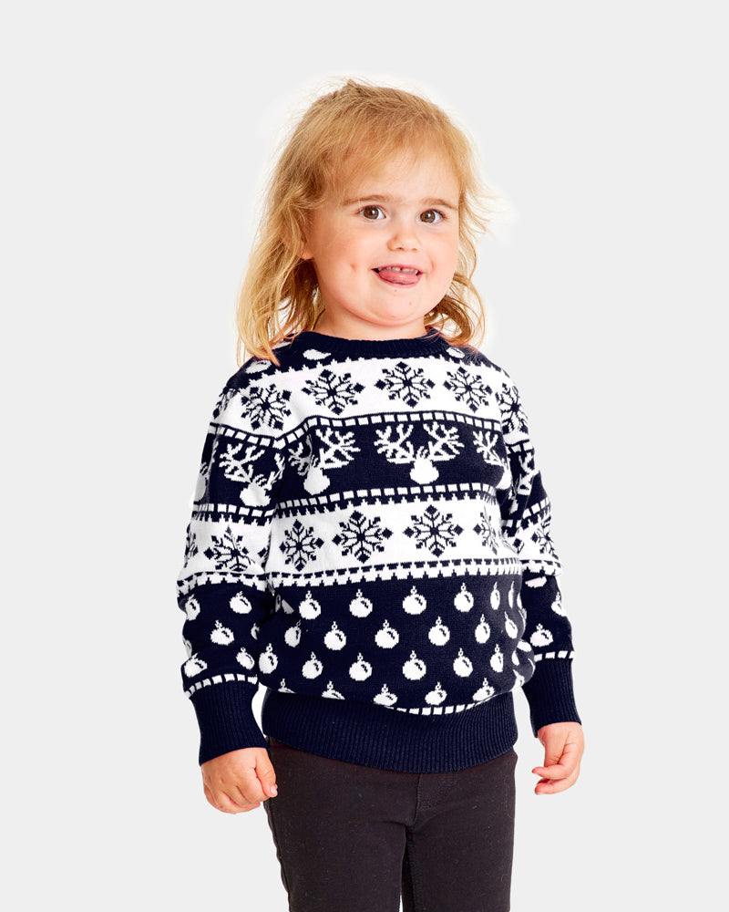Maglione Natalizio Famiglia Bambini Blu con Renne e Neve