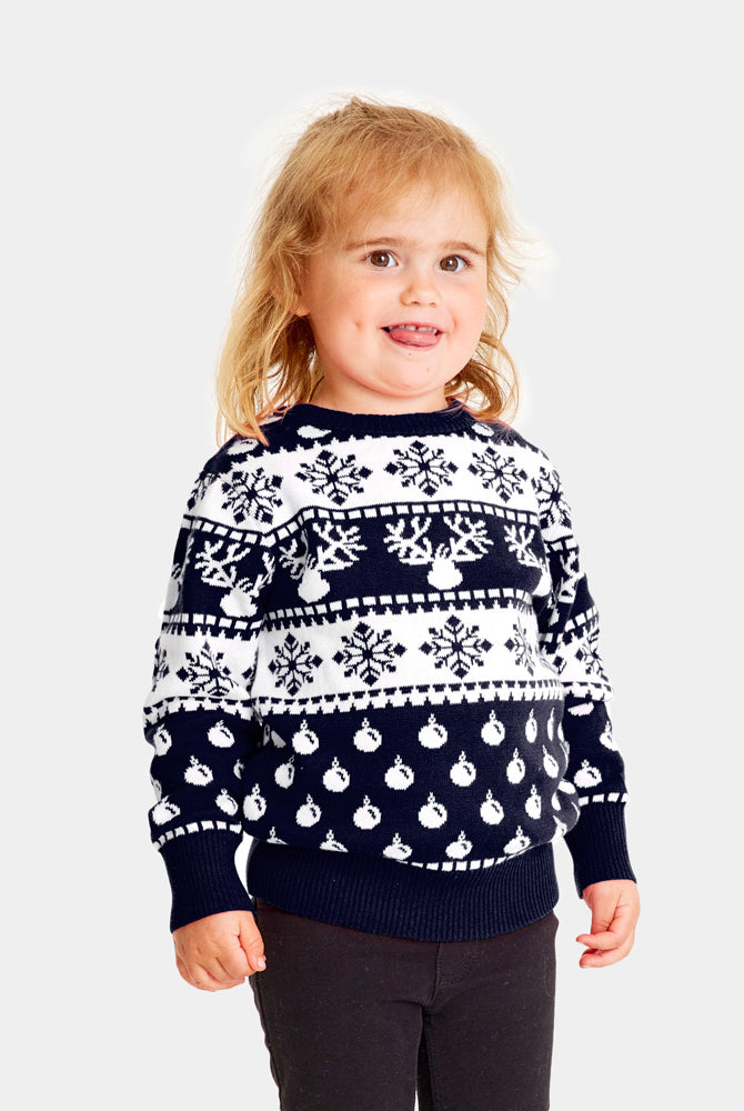 Maglione Natalizio Famiglia Bambini Blu con Renne e Neve