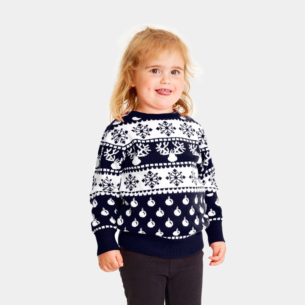 Maglione Natalizio Famiglia Bambini Blu con Renne e Neve