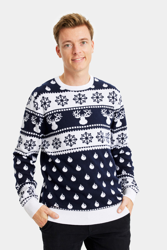 Maglione Natalizio Famiglia Blu con Renne e Neve Uomo