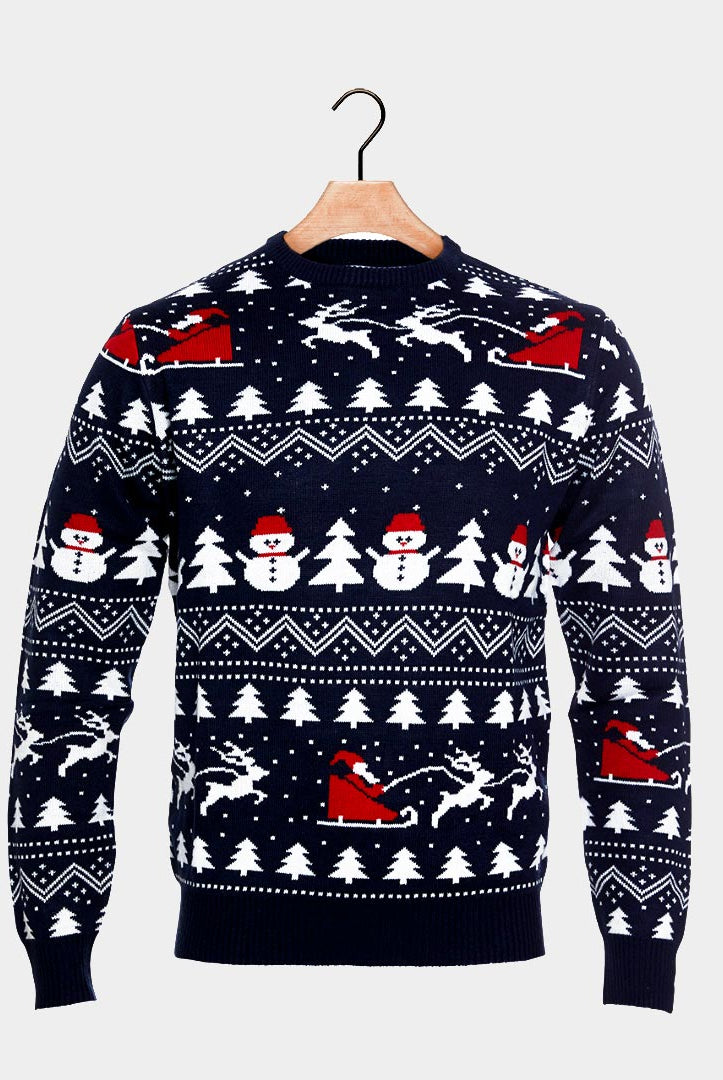 Maglione Natalizio per la Famiglia Cotone Biologico Alberi Pupazzi di Neve Babbo Natale Blu