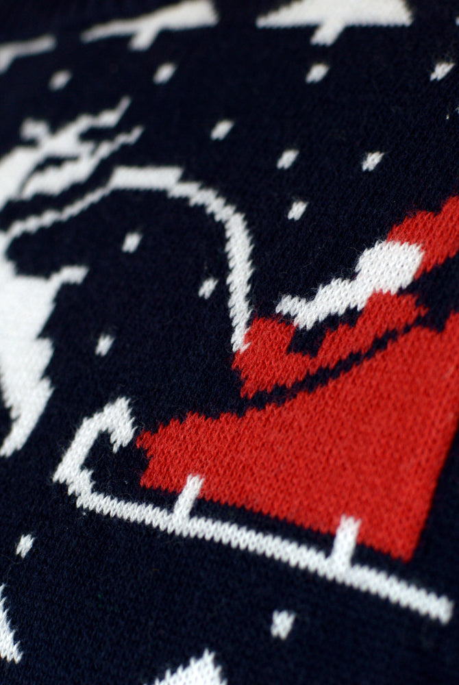 Maglione Natalizio Famiglia Cotone Biologico Blu Alberi Pupazzi di Neve Babbo Natale