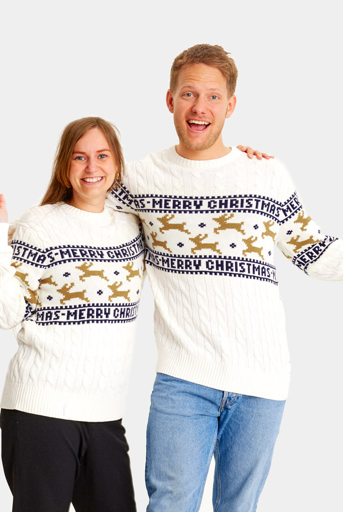 Maglione Natalizio per la Famiglia in Cotone Biologico Elegante Bianco con Renne
