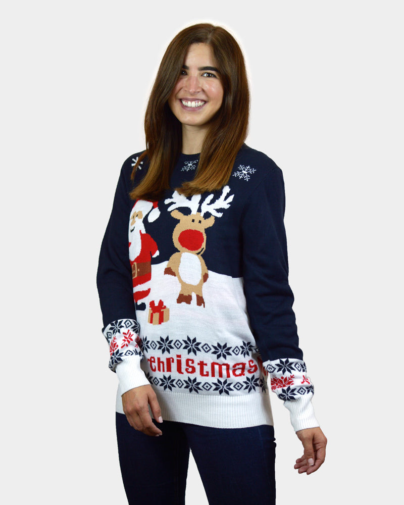 Maglione Natalizio per la Famiglia Donna Cotone Biologico Blu Babbo Natale Renna Rudolp