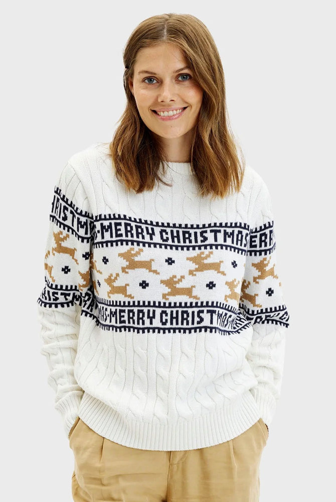 Maglione Natalizio per la Famiglia Donna in Cotone Biologico Elegante Bianco con Renne