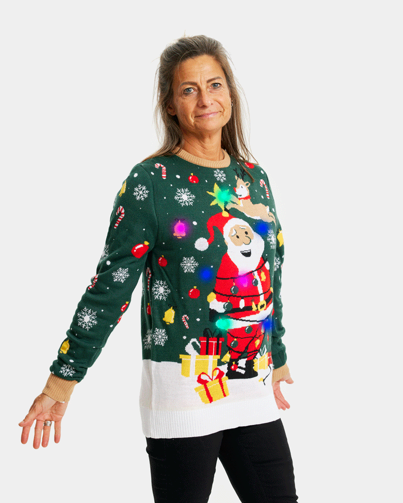 Maglione Natalizio per la Famiglia con Luci LED Babbo Natale in Confusione Donna