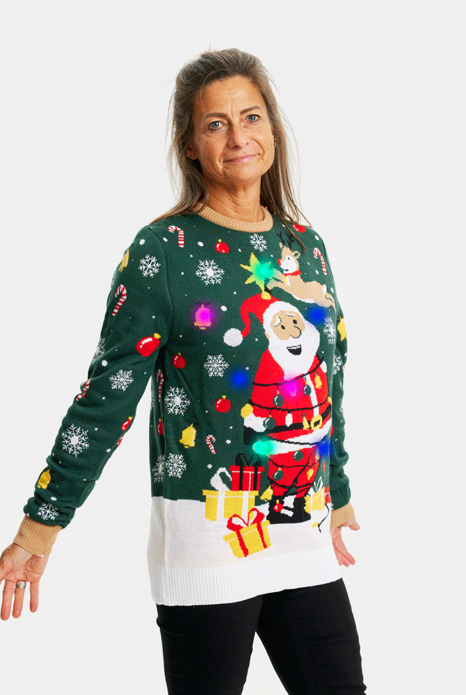 Maglione Natalizio per la Famiglia con Luci LED Babbo Natale in Confusione Donna