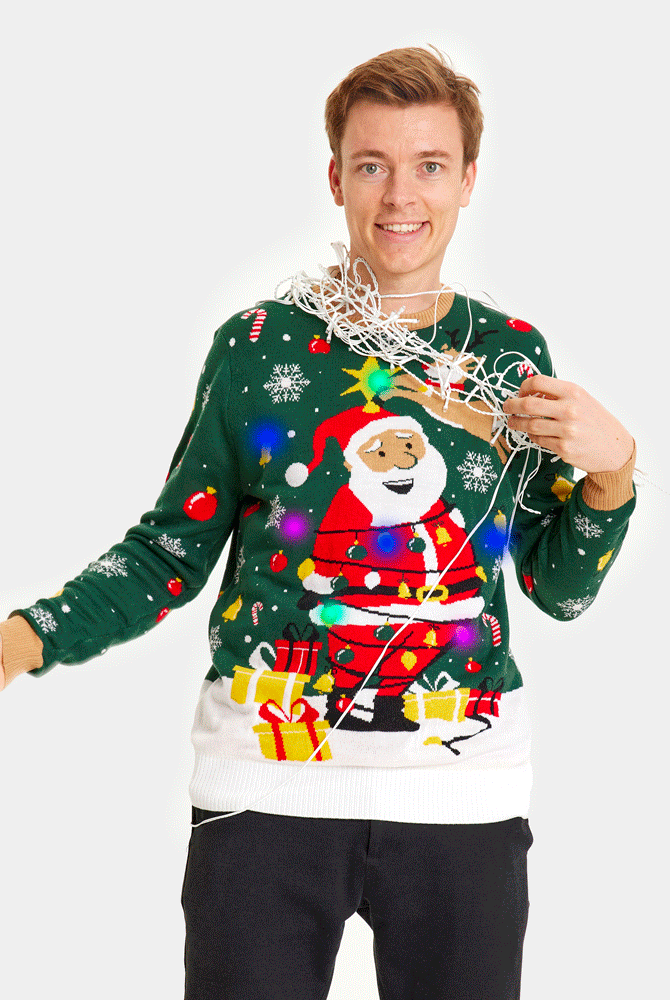 Maglione Natalizio per la Famiglia Uomo con Luci LED Babbo Natale in Confusione