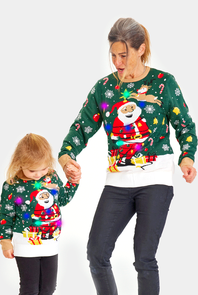 Maglione Natalizio per la Famiglia con Luci LED Babbo Natale in Confusione