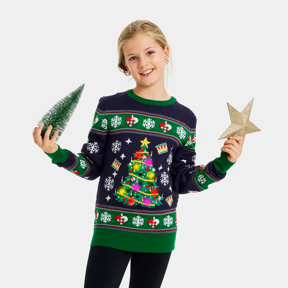 Maglione Natalizio per la Famiglia Bambini con Luci LED Blu con Albero di Natale