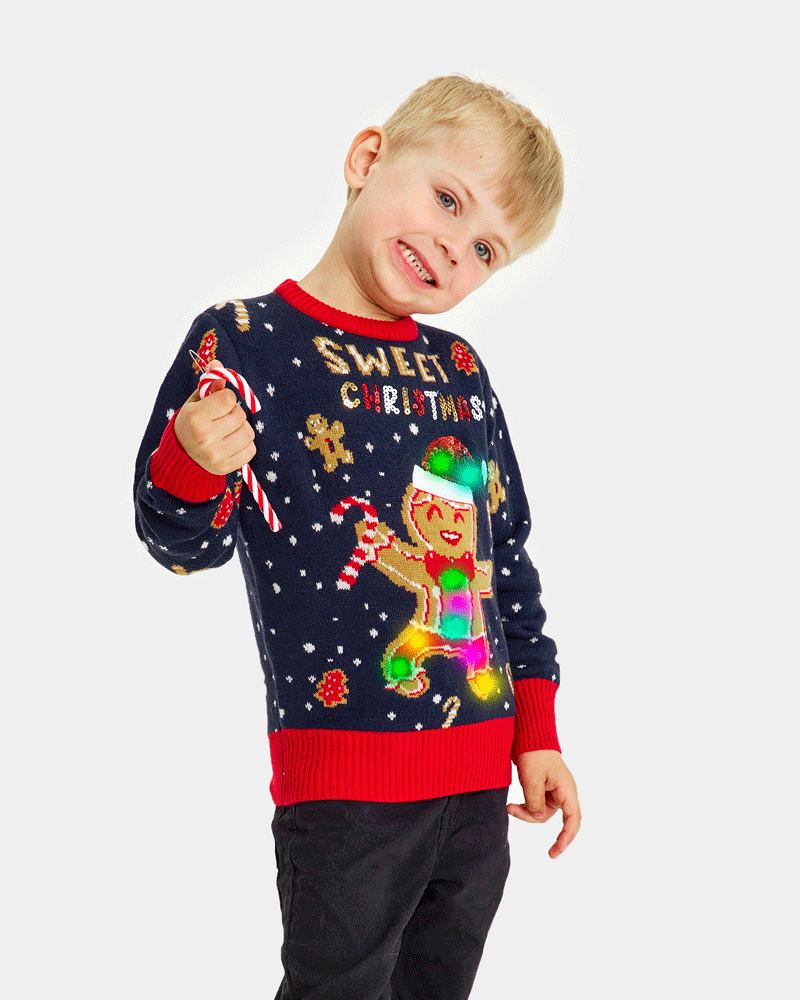Maglione Natalizio per la Famiglia con Luci LED Uomo Blu Ginger Cookie bambini