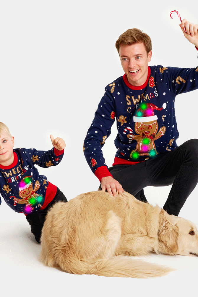 Maglione Natalizio per la Famiglia con Luci LED Uomo Blu Ginger Cookie
