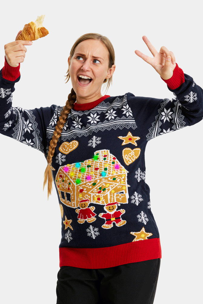 Maglione Natalizio Famiglia Donna con Luci LED Casa di Pan di Zenzero